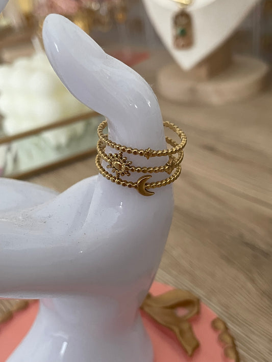 Bague lune,étoile,soleil Solaria, acier inoxydable doré.