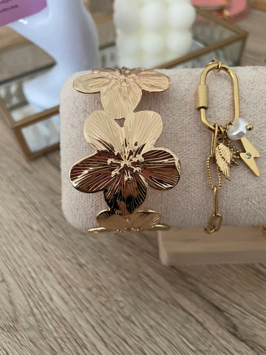 Bracelet/Jonc Fleuria fleurs, acier inoxydable doré.