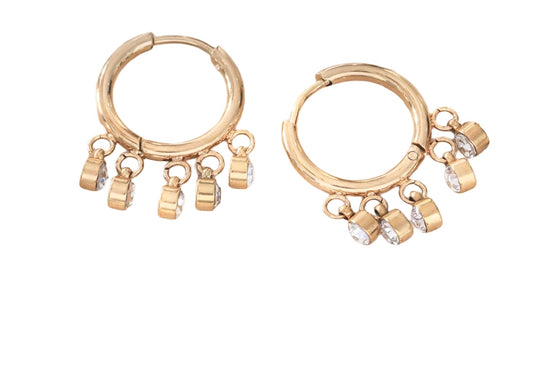 Boucles d’oreilles créoles Eva 5 strass pendants, acier inoxydable doré.