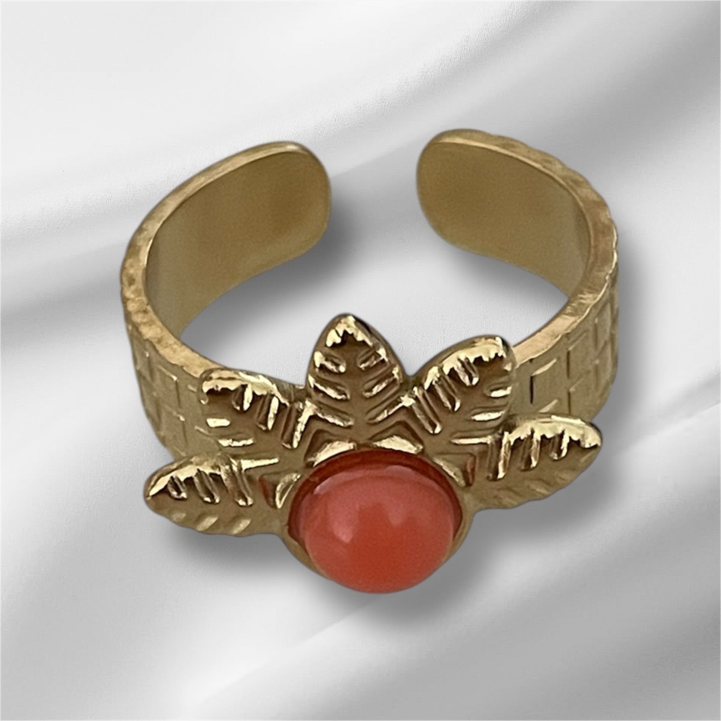 Bague fleur coupée Maguy orange, acier inoxydable doré.