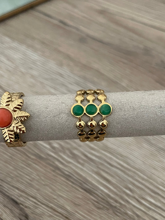 Bague 3 rangs 3 ronds Perline vertes, acier inoxydable doré.