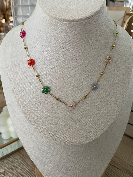 Collier Fleurs Florine Marguerites multicolores, acier inoxydable doré.