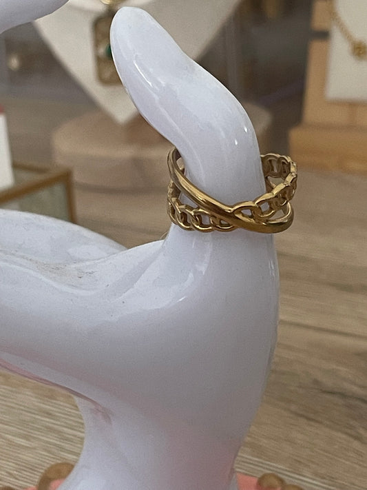 Bague Noura, texture chaine, acier inoxydable doré.