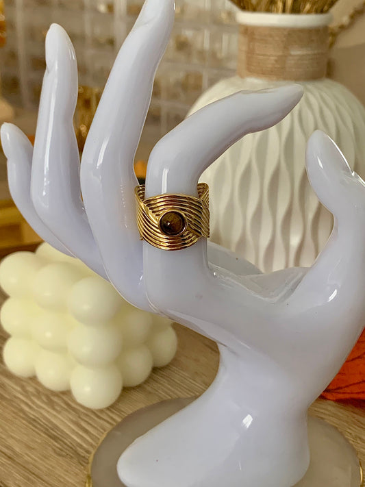 Bague Naëlle tressé avec pierre marron, acier inoxydable doré.