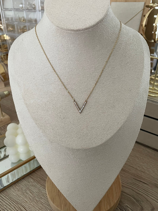 Collier Victorie forme V strass, acier inoxydable doré.
