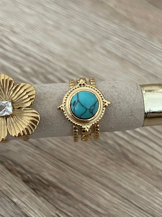 Bague Terra bleue, acier inoxydable doré.