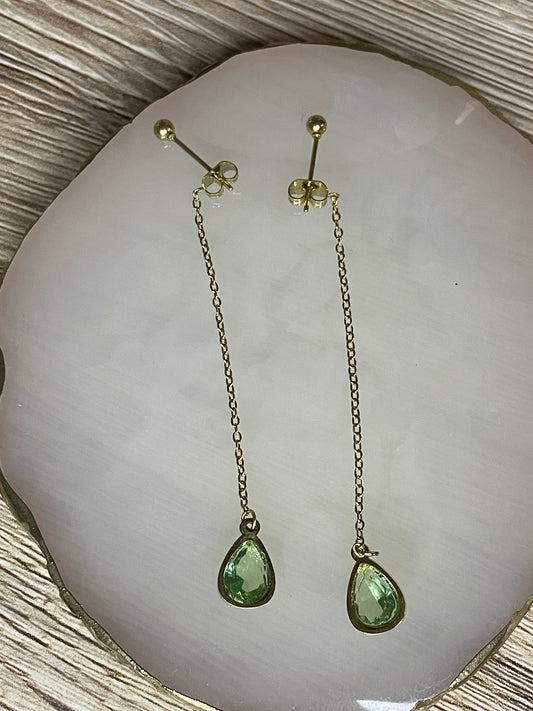 Boucles d’oreilles Vénicia, gouttes pendantes vert d’eau, acier inoxydable doré.