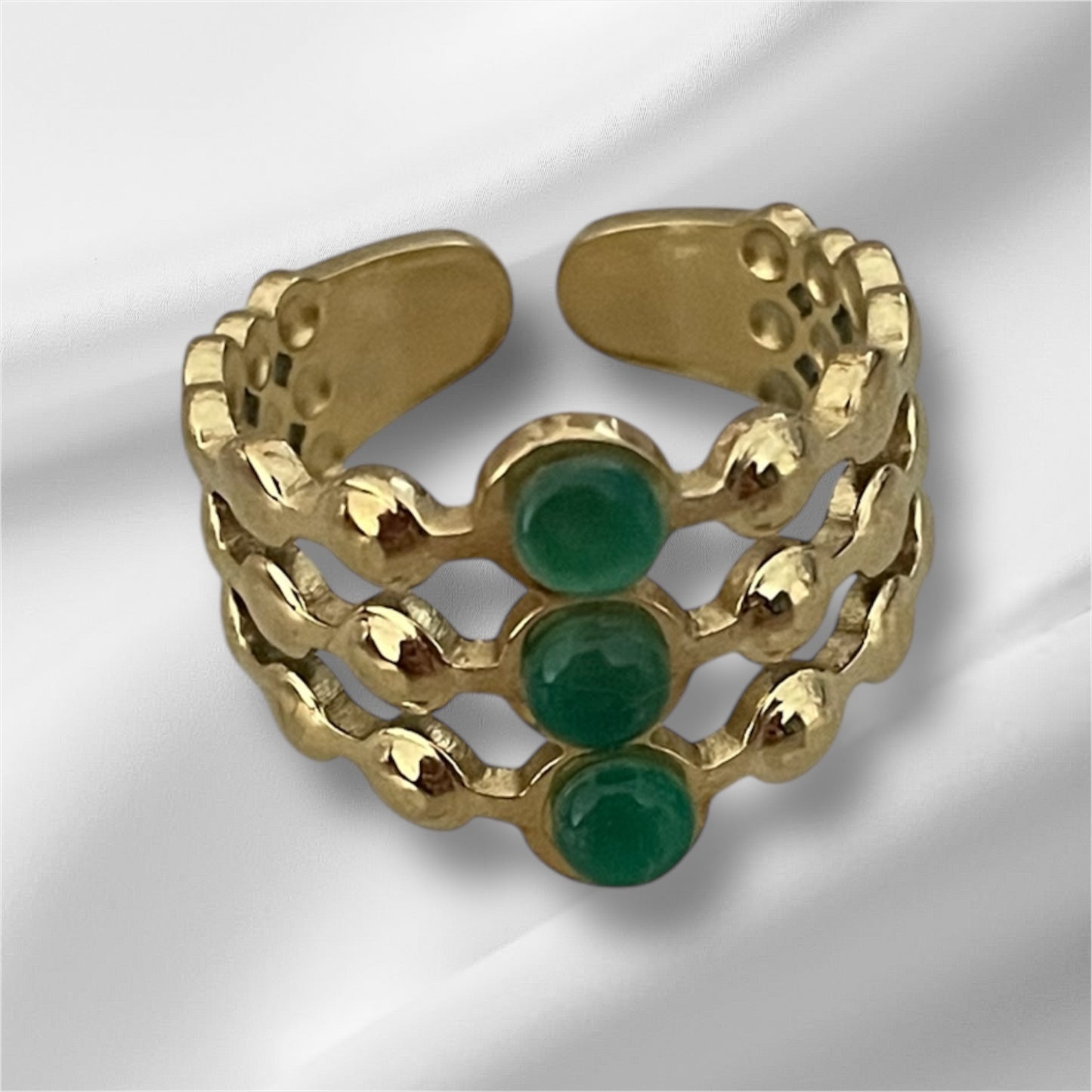 Bague 3 rangs 3 ronds Perline vertes, acier inoxydable doré.