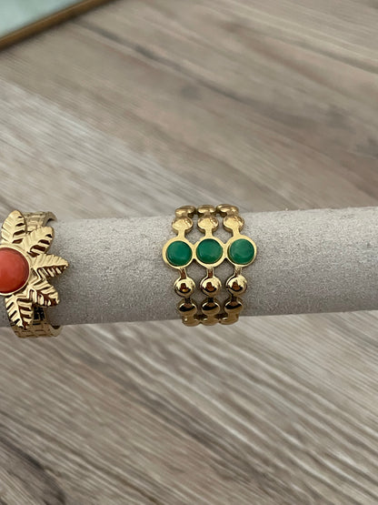Bague 3 rangs 3 ronds Perline vertes, acier inoxydable doré.