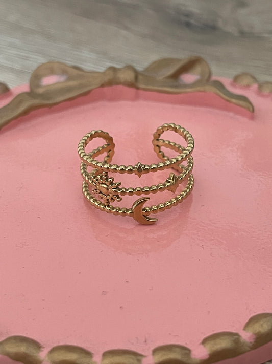 Bague lune,étoile,soleil Solaria, acier inoxydable doré.