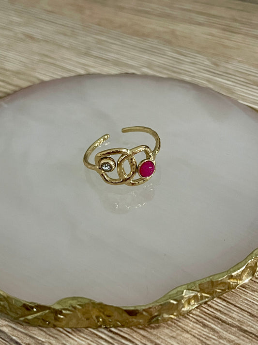 Bague Clotilde strass perle rouge, acier inoxydable doré.