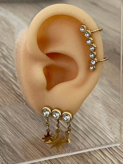 Boucles d’oreilles Abelle 3 strass étoiles pendantes, acier inoxydable doré
