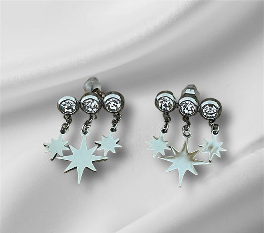 Boucles d’oreilles Abelle 3 strass étoiles pendantes, acier inoxydable argenté