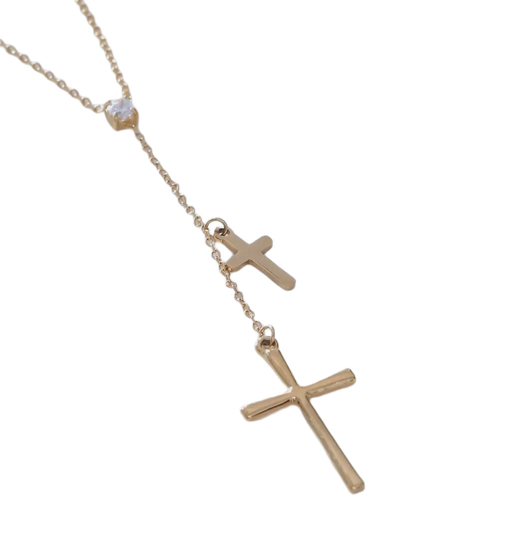 Collier Venise double croix et strass, acier inoxydable doré.