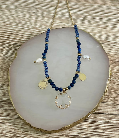 Collier Sun ras de cou perles bleues,soleil perles & strass