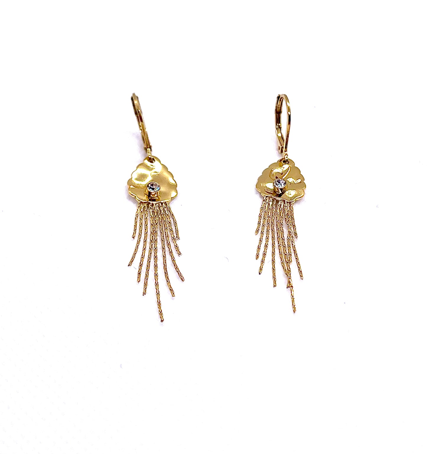 Boucles d’oreilles Sélèna feuille strass chaînettes , acier inoxydable doré.