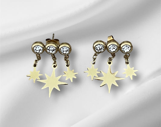 Boucles d’oreilles Abelle 3 strass étoiles pendantes, acier inoxydable doré