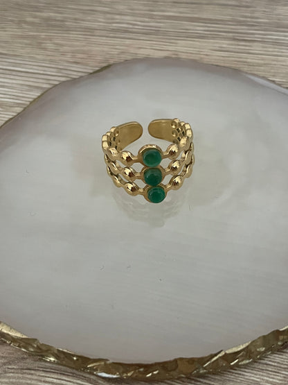 Bague 3 rangs 3 ronds Perline vertes, acier inoxydable doré.