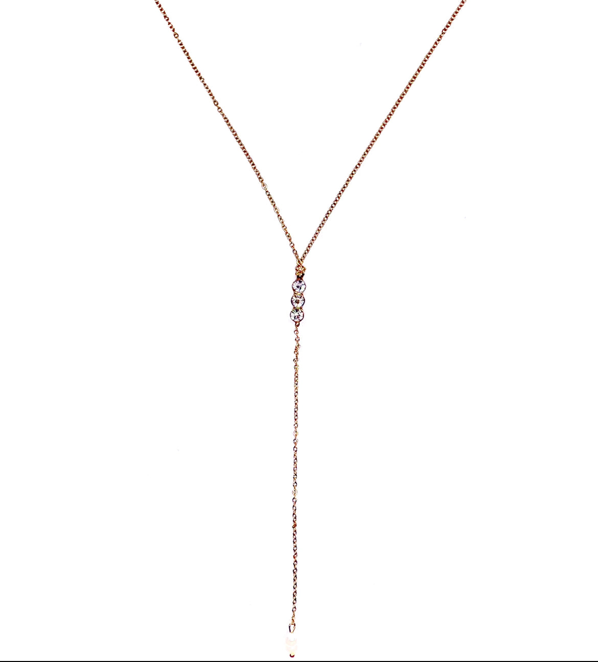 Collier Véga triple strass en Y et 1 perle, acier inoxydable doré.