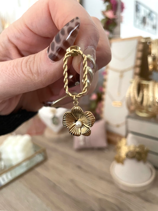 Boucles d’oreilles Camélia pendantes fleurs strass, en acier inoxydable doré.