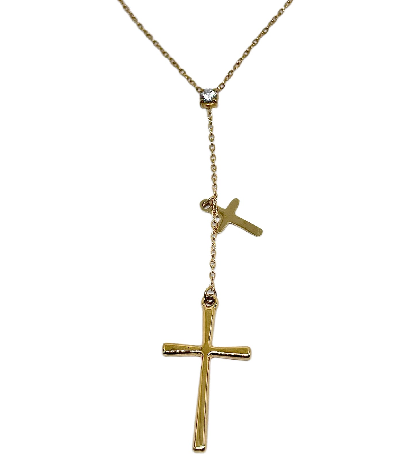 Collier Venise double croix et strass, acier inoxydable doré.